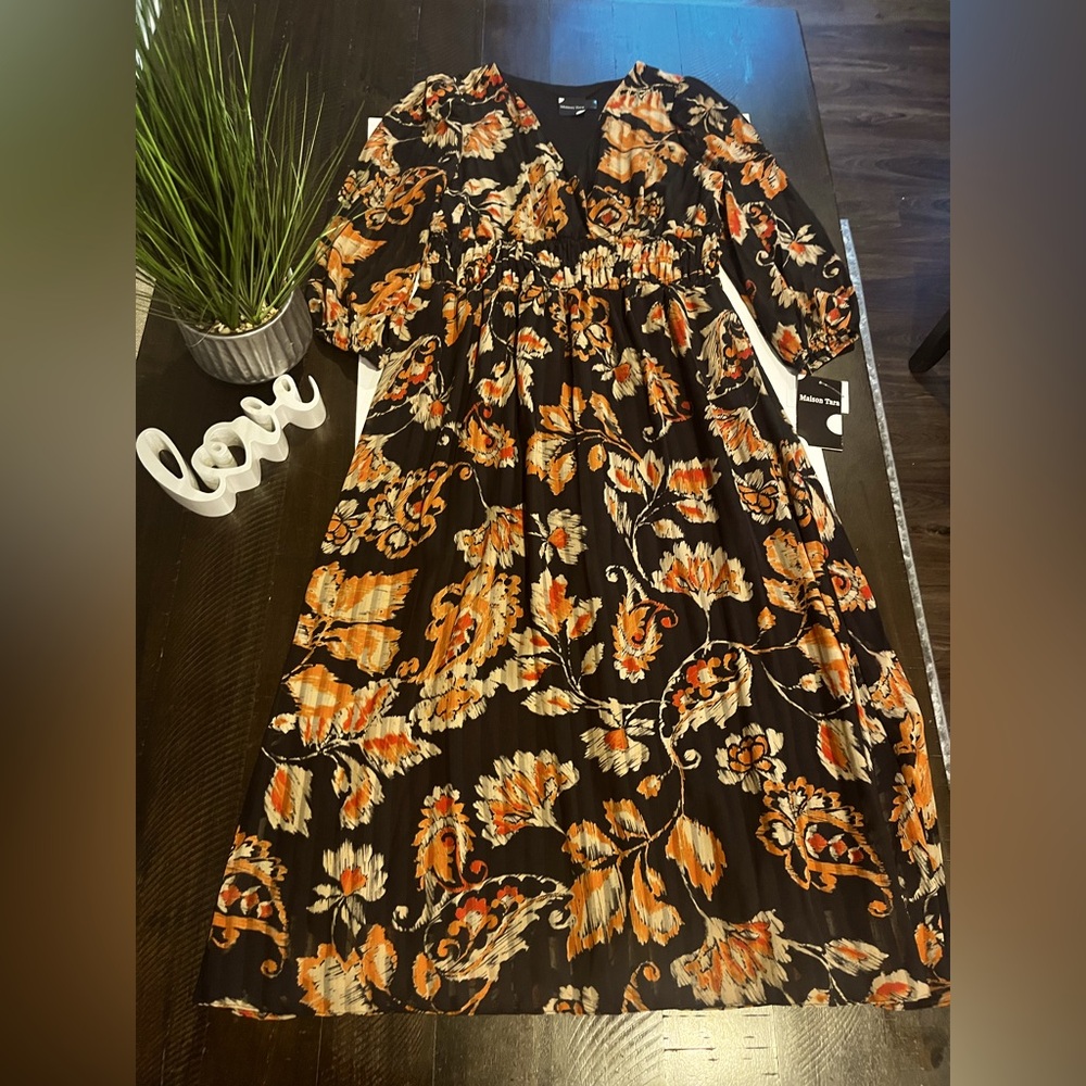 Maison Tara Black and Orange Floral Long Sleeve Dress